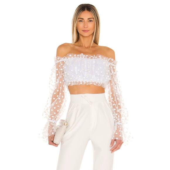 Majorelle Baby Bye Bye Top White Polka Dot Sheer Crop Top Revolve NEW - Picture 1 of 8